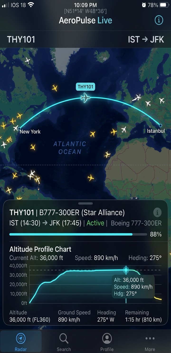 AeroPulse live 3D flight radar screen