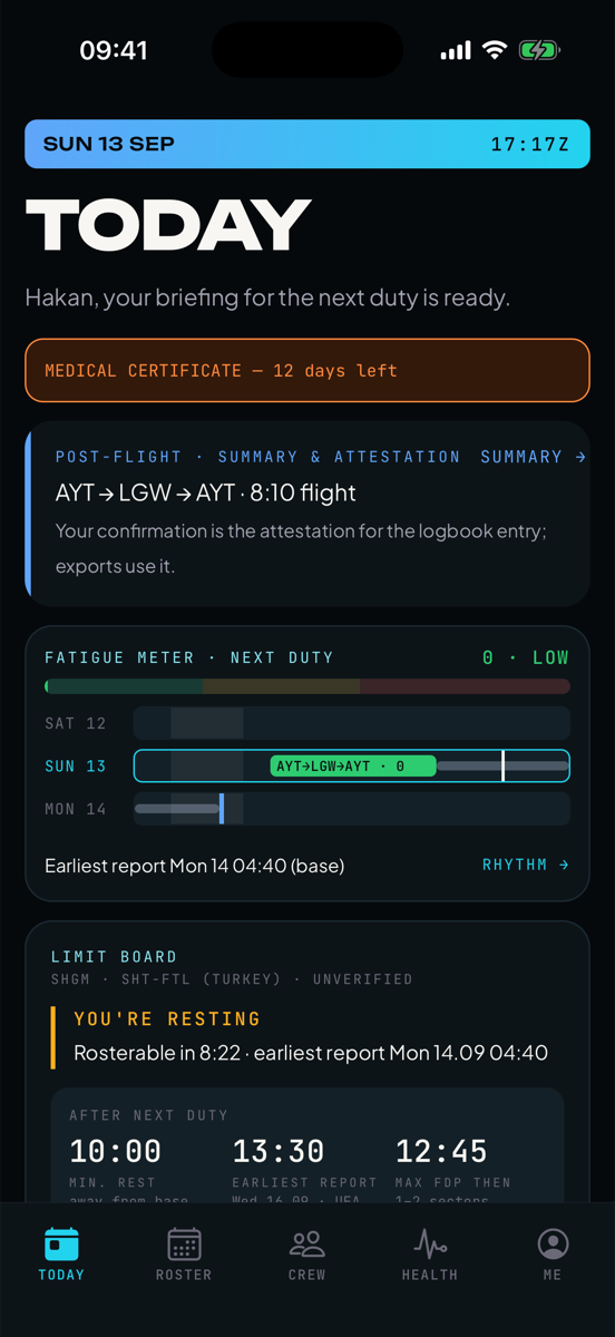 Crewops today screen with duty limits and fatigue meter