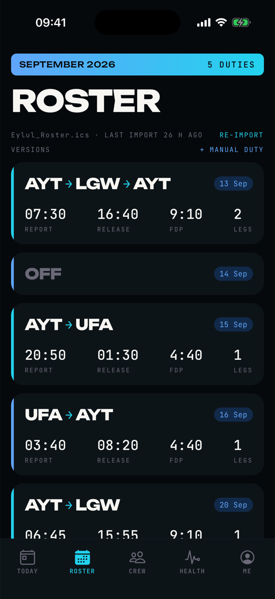 The Roster screen: imported duties with report, release, FDP and sectors