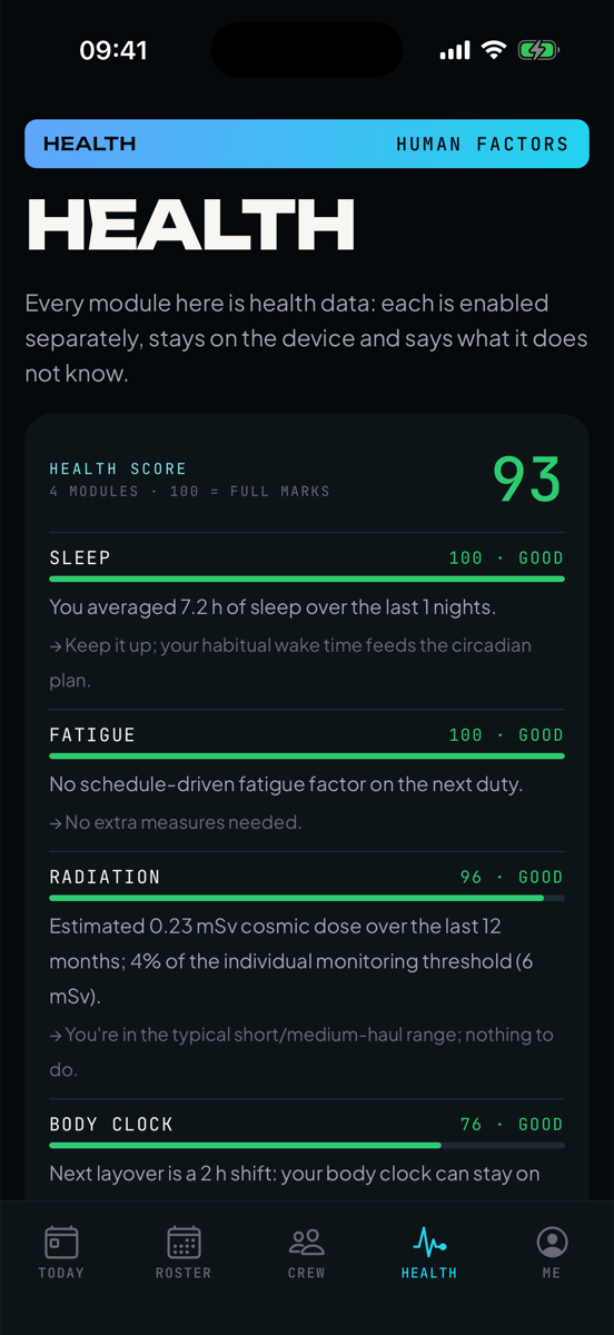 The Health screen: sleep, fatigue, radiation and body clock scores with coaching cards